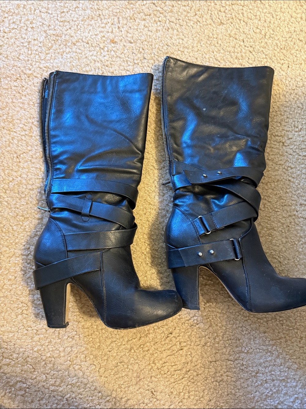 Women's Black High-Heel Mid-Calf Strap Boots